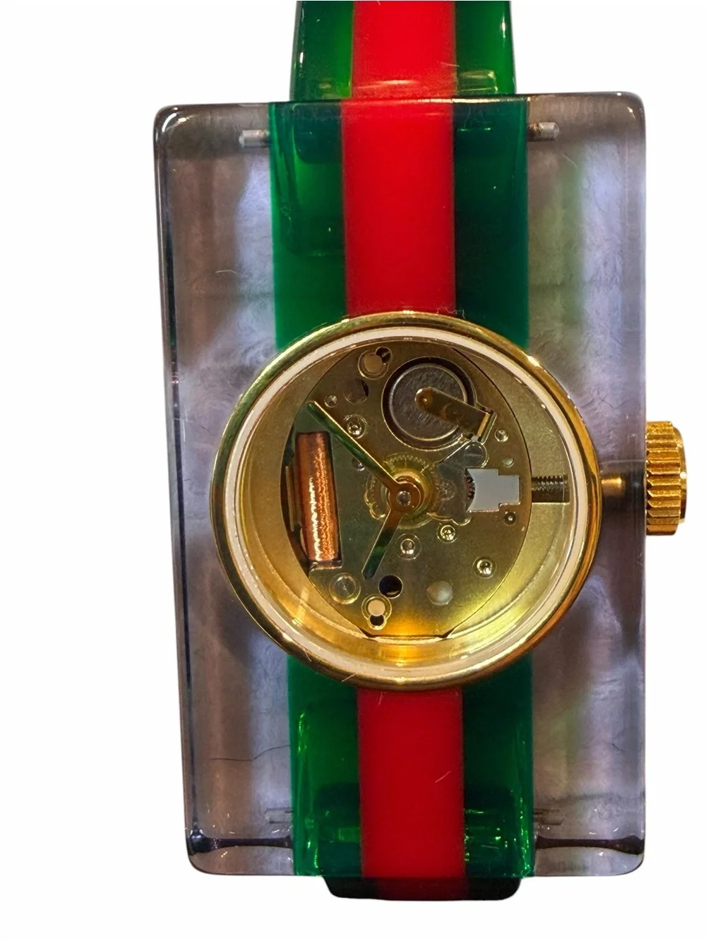Gucci Skeleton Clear Rectangular Watch with Red and Green Stripe Strap - Picture 4 of 11
